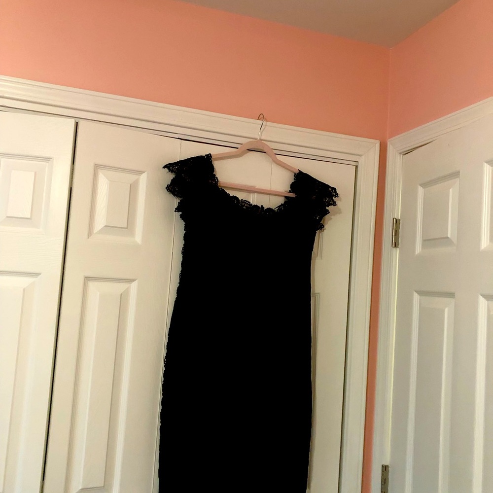 Black lace trimmed dress, cold shoulder. Midi length